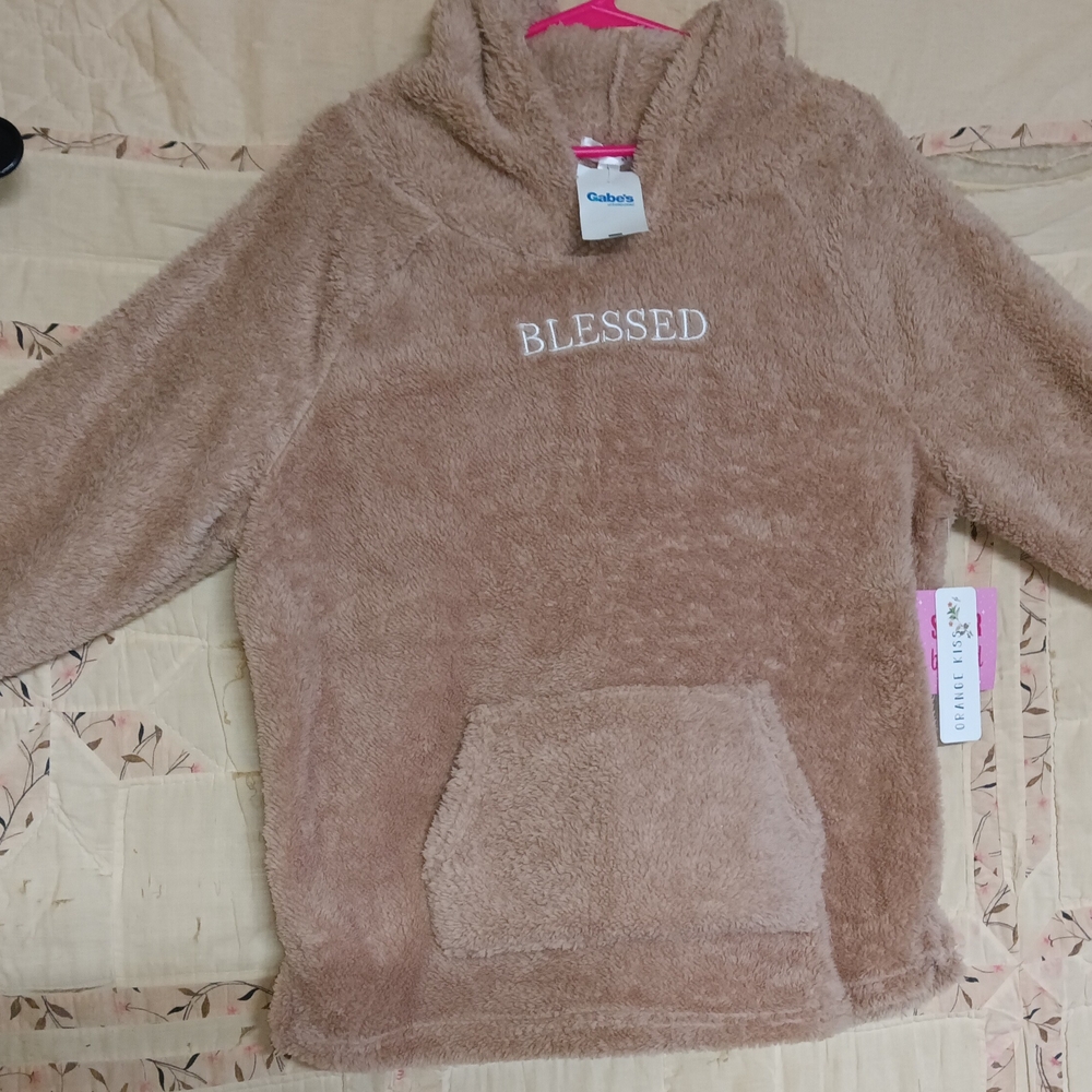 NWT Women's Orange Kiss Tan Blessed Sherpa Hoodie Large 50" Chest